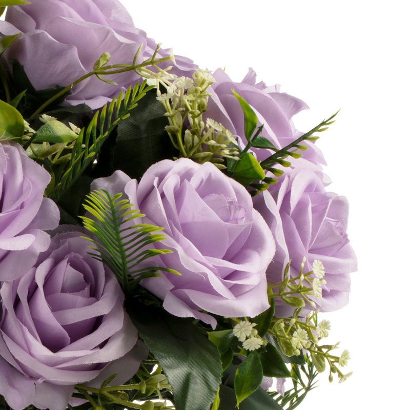 18 têtes de fleurs en soie rose dans un vase en verre avec eau artificielle et pierre de rivière, Mauve