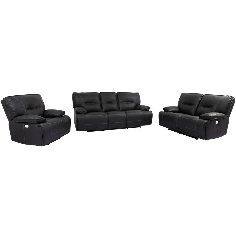 Causeuse et fauteuil inclinable électrique Pomona, 3 Pieces: Sofa, Loveseat, Recliner, Noir