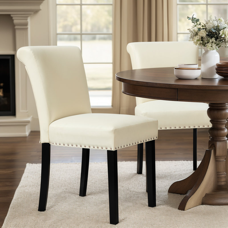 Momordique Nailed Trim Faux Leather Waterproof Upholstered Parsons Dining Chairs, Gray/Brown, 2