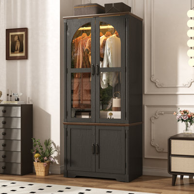 Tall Farmhouse Armoire With Led Lighting, 72" Freestanding Arched Wardrobe Cabinet With Glass Doors, Wooden Clothing Storage Closet For Bedroom by Ophelia & Co.