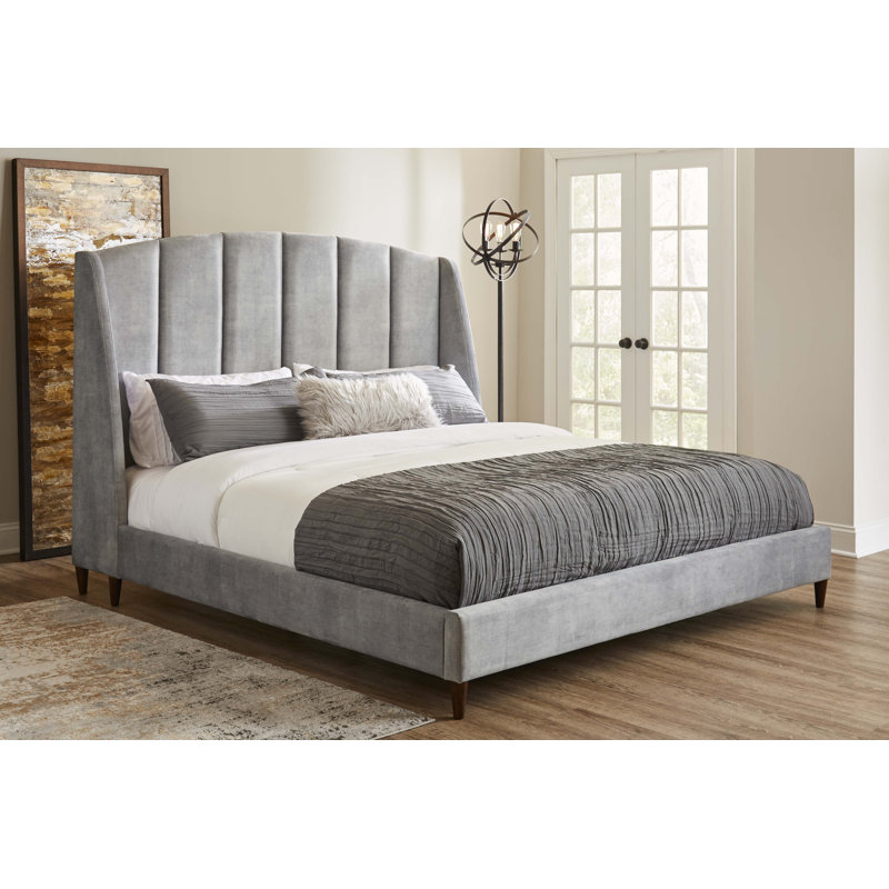 Zayne Upholstered Wingback Platform Bed, Light Gray, Queen
