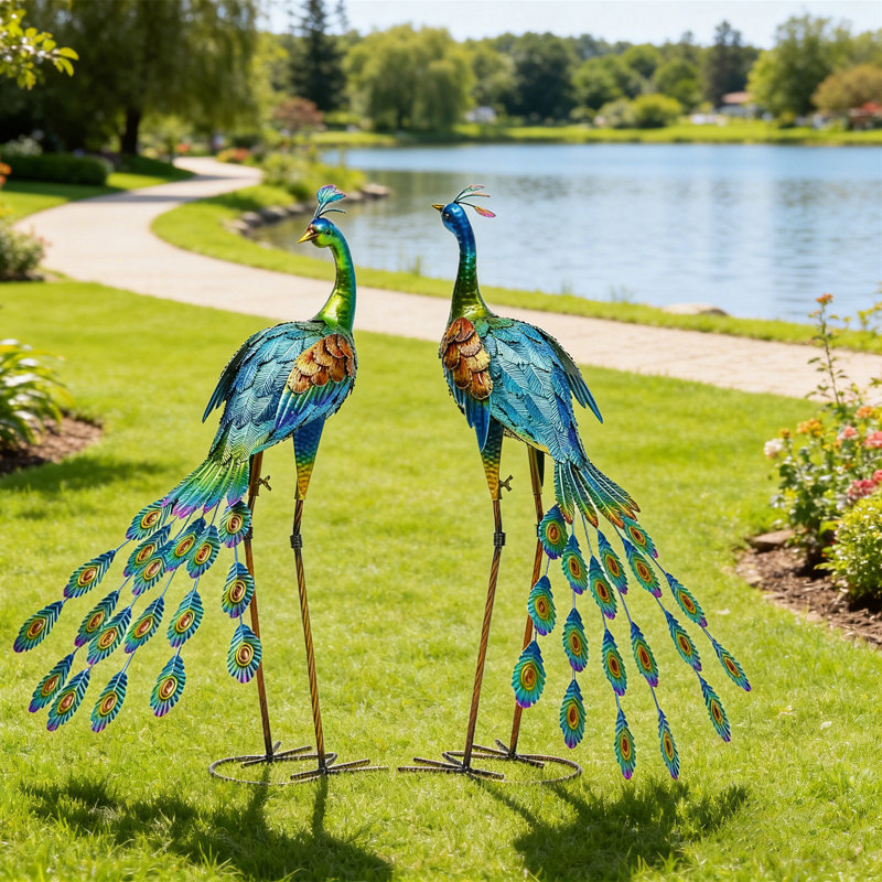 Statue de paon en métal 32 po d'extérieur - art de jardin pour la pelouse, patio, cadeau pour les amoureux du jardin, cadeau de pendaison de crémaillère