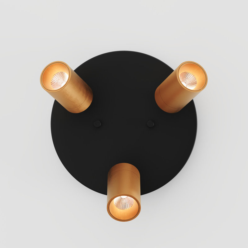  Plafonnier rond à 3 lumières Shura noir et laiton avec têtes rotatives, ampoules DEL intégrées, pavillon encastré, 3000 K