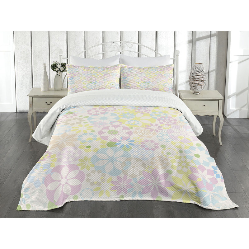 Ambesonne Pastel Bedspread Set Blooming Flowers Spring Multicolor, King Bedspread + 2 Standard Shams