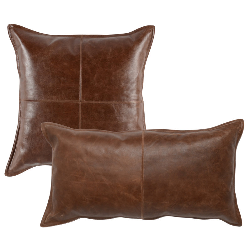 Kosas Home Cheyenne 100% Leather Throw Pillow, Brown, 14" x 26", Rectangular
