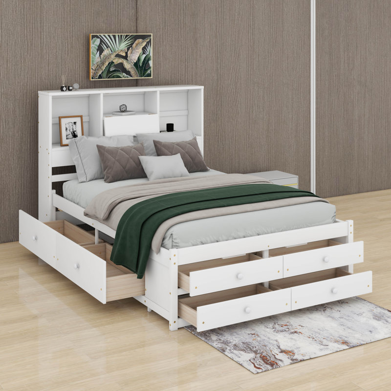 Grand lit plateforme avec tiroirs, Blanc, Grand lit