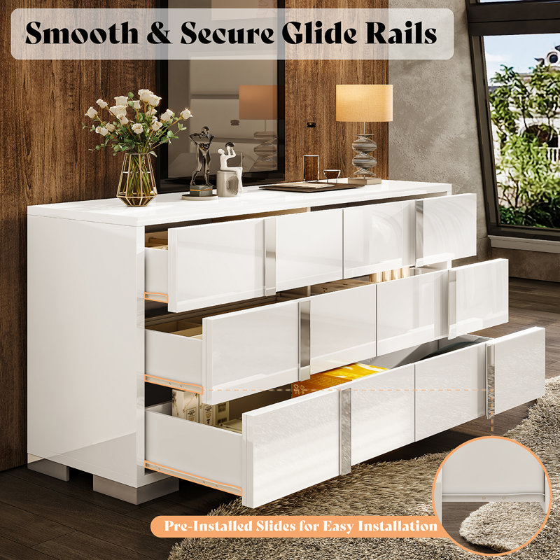 Modern High-Gloss 6-Drawer Double Dresser, White