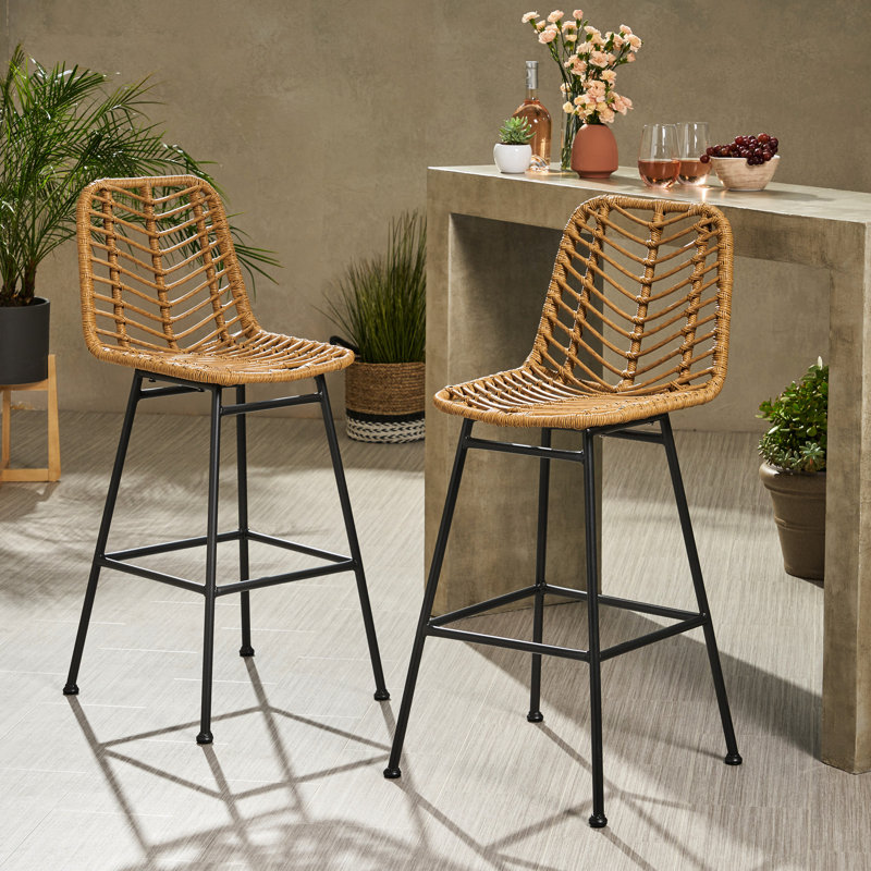Outdoor 2 - Style contemporain, bords arrondis, longue durée, structure en fer noir de 2 tabourets de bar, lignes épurées, siège de 28,75 pouces
