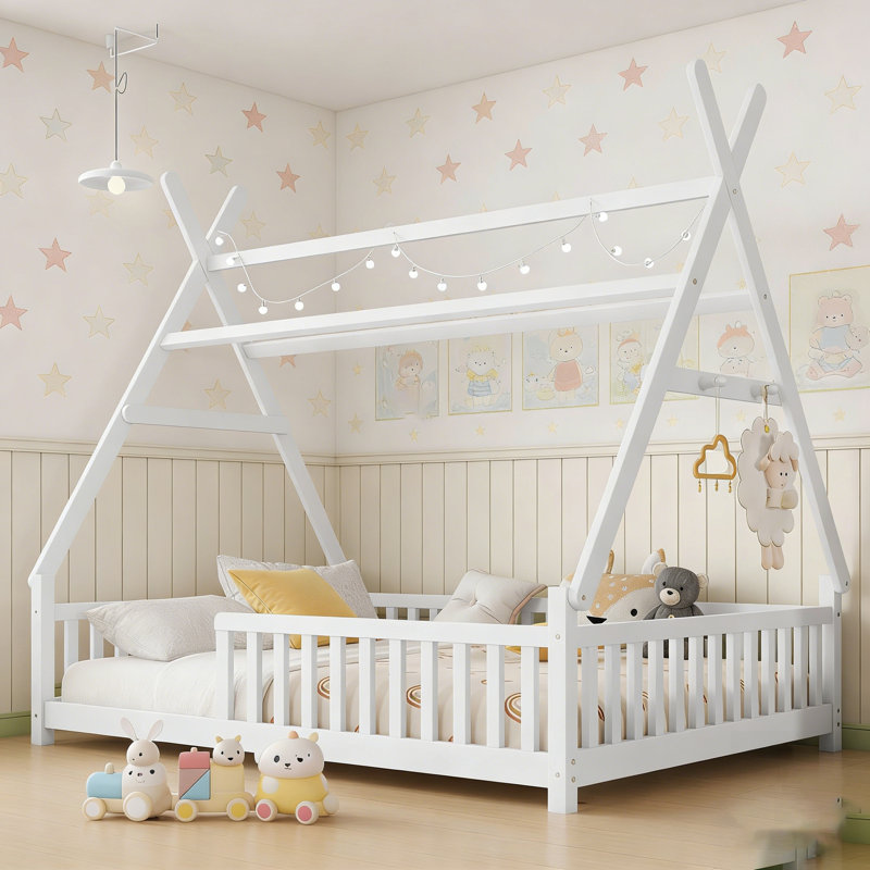 Lit de maison avec éclairage à DEL et plancher bas, parfait pour le jeu et le sommeil des enfants, Lit double, Blanc