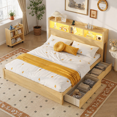 Lit avec rangement et tête de lit à DEL, lit plateforme en bois avec tiroirs, armoire de rangement coulissante et tablette intégrée, blanc
