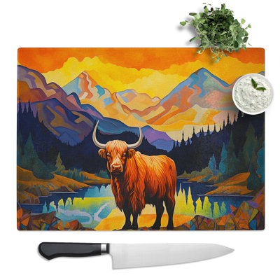 Highland Cow Art Deco  Glass Chopping Board