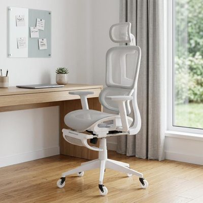 Fauteuil de jeu pivotant à roulettes, réglable en hauteur, gris pâle et blanc, avec repose-pieds