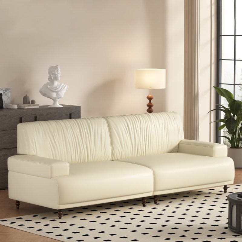 86.4" Oil Wax Leather 3-Seater Sofa, Tufted Back Cushion, Off-White, Beige