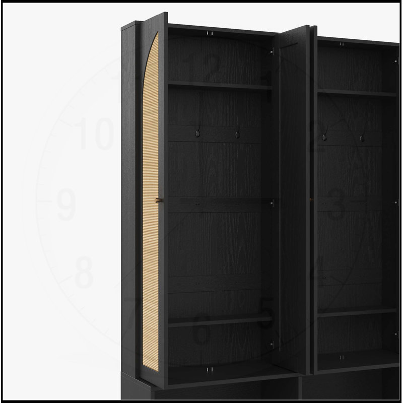 Arbre d'entrée de style campagnard avec 4 portes en rotin, banc polyvalent 4 en 1 avec 6 crochets, armoire à chaussures Mid-Century, noir, 55,1 po