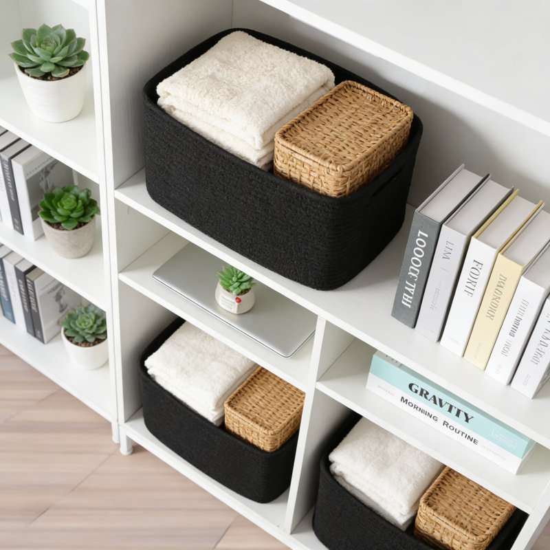 Woven Cotton Rope Storage Basket With Handles, Rectangle Organizer Bin For Shelves, Closet, Nursery, Toys, Books, And Home Decor
