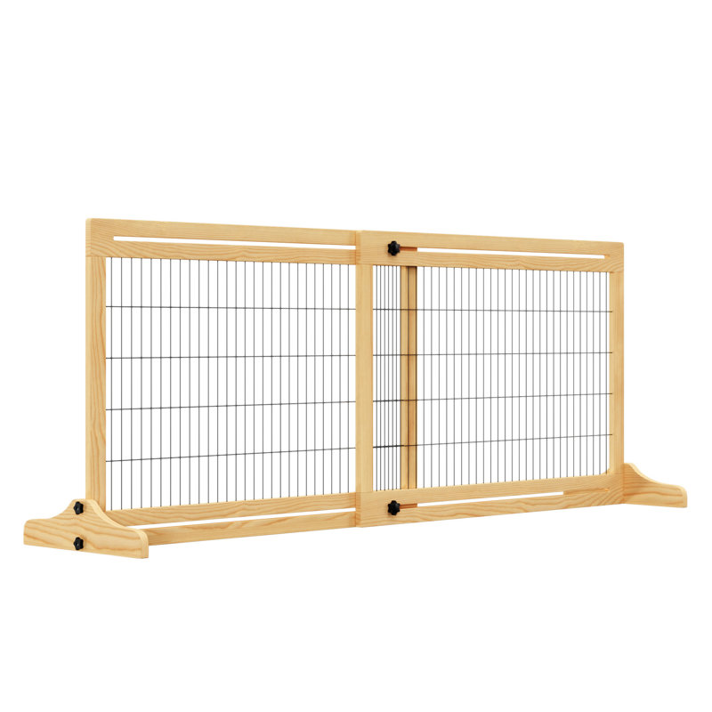 Natural Wooden Retractable Freestanding Pet Gate for Doorways
