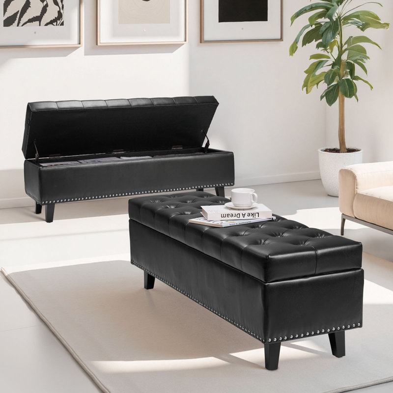 Banc avec repose-pieds capitonné et capitonné avec pieds en bois , Noir