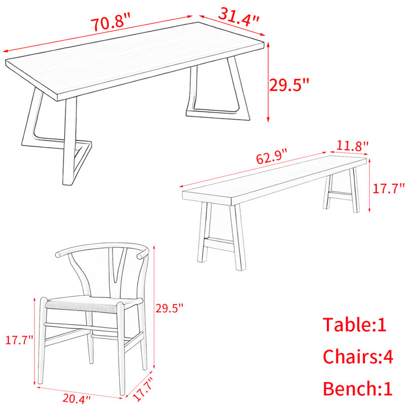 Pinardi Modern simple solid wood dining table set, 29.5"H x 70.8"L x 31.4"W, 6