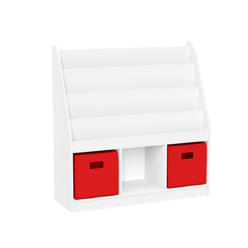 RiverRidge Kids Playroom Bookrack with 3 Toy Organizer Cubbies and 4 Book Shelves - White with 2 Fabric Bins, Red