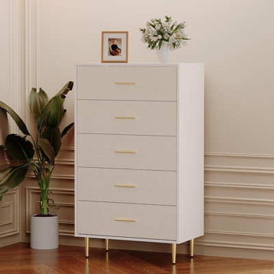 Commode 5 tiroirs, commode à tiroirs 48,03 po, commode mince en bois avec poignées et pieds en métal doré, armoire de rangement moderne pour la chambre à coucher, le salon et le vestibule
