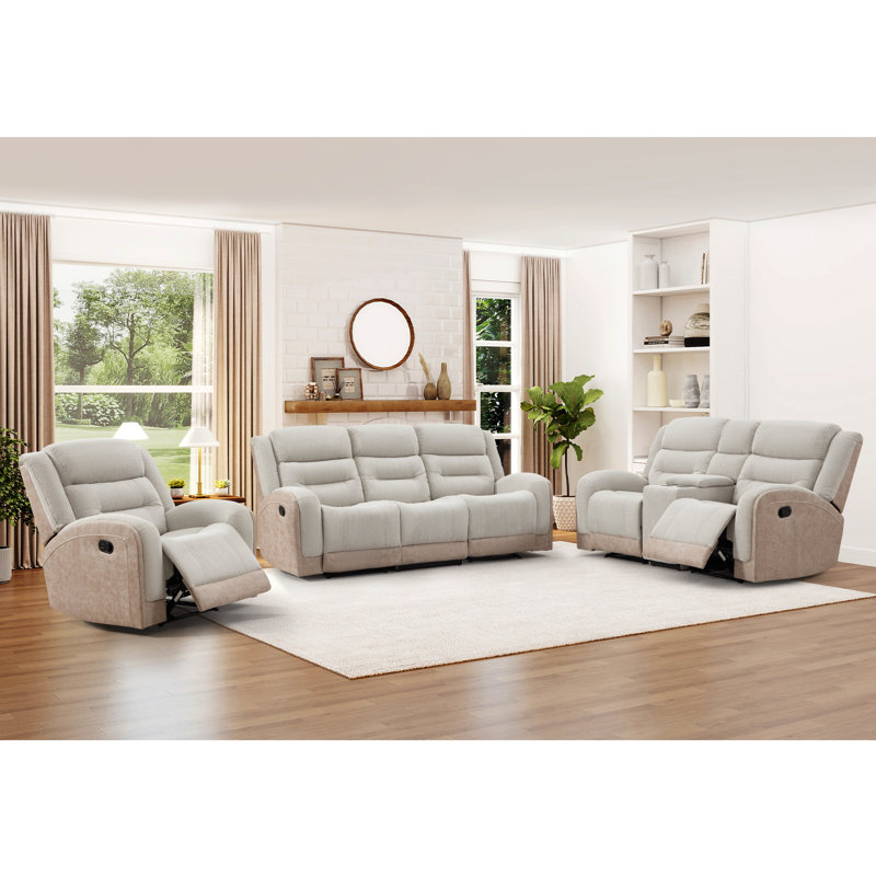 Ensemble de salon inclinable manuel 3 pièces moderne et rembourré avec porte-gobelets et rangement