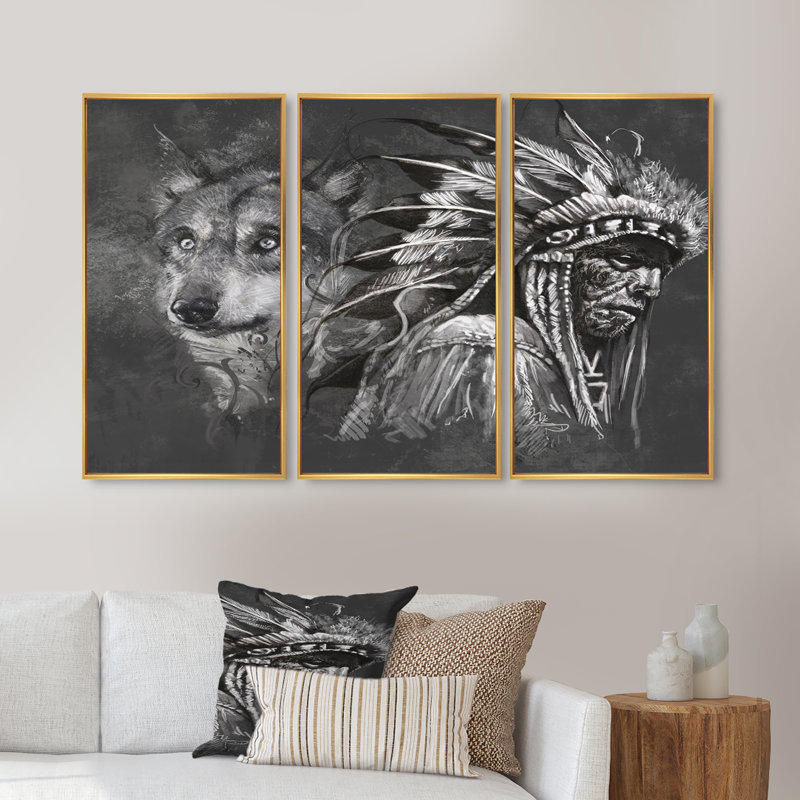 Loup et chef indien indien - ensemble de 3 reproductions d'art encadrées sur toile, H 28 po x l 36 po x P 1 po, Blanc