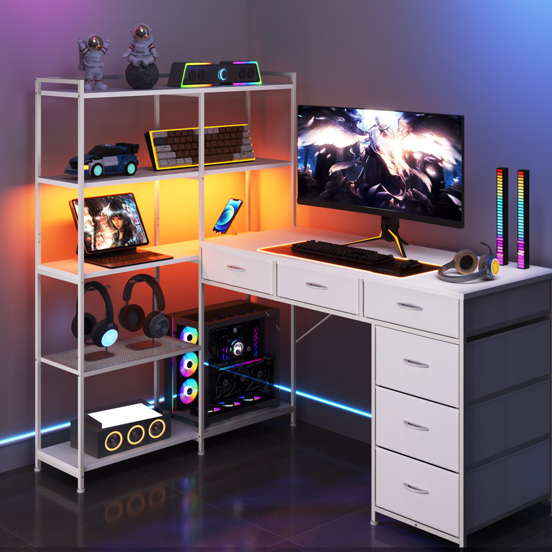 Bureau d'ordinateur de coin en L 47 po réversible avec 6 tiroirs et 5 tablettes de rangement, White