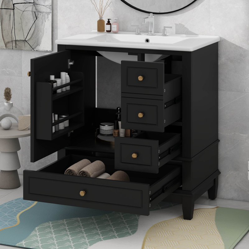 Meuble-lavabo 30 po avec lavabo, une porte avec tablette et trois tiroirs, Noir et or