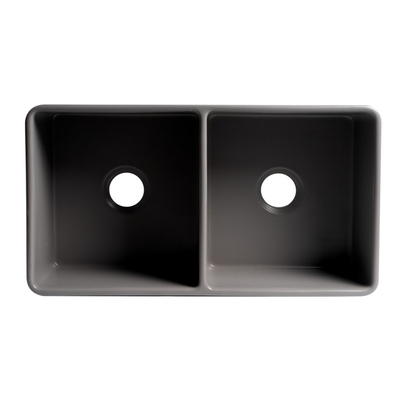 33'' L Double Bowl Fireclay Kitchen Sink, Matte Gray