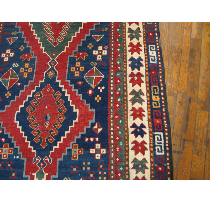 1890s Blue Medallion Antique Caucasian Kazak Rug 4'0" x7'7" Knotted Wool Carpet