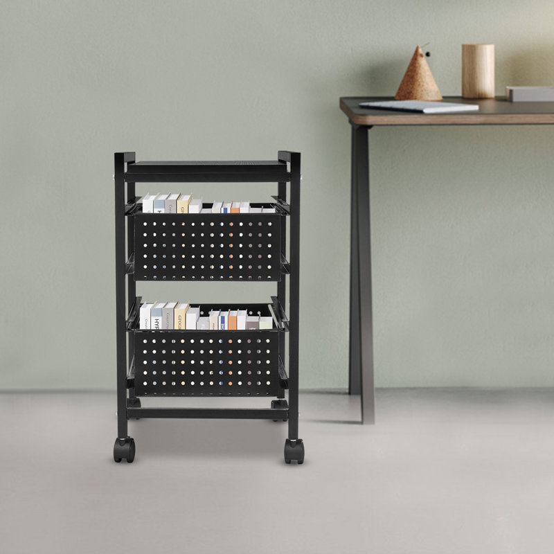 2-Tiermodern Black Rectangle File Storage Drawer Carts Carbon Steel File Storage Organizer On Wheels