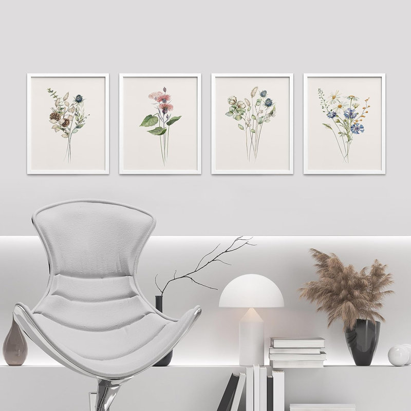 «Minimal Botanical» IDÉE4WALL, art mural encadré de fleurs sauvages encadrées, ensemble de 4 impressions florales botaniques, décor de nature sauvage pour le salon, impression encadrée de chambre à coucher, 4 pièces