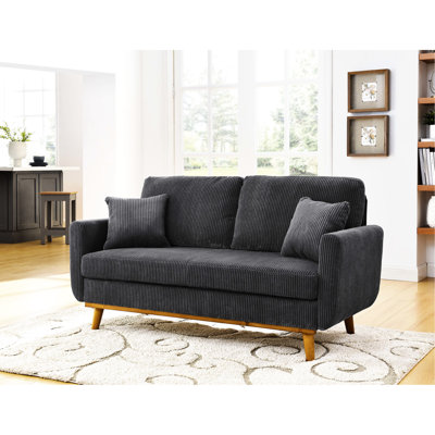 Velours côtelé 2 places de style Mid-Century gris avec des lignes épurées, une structure en bois massif et des coussins décoratifs pour les espaces compacts
