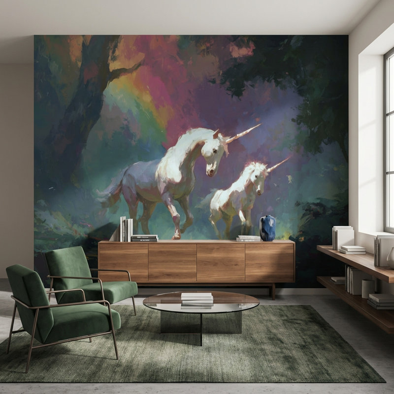 Unicorns papier peint fantaisie amovible arc-en-ciel double rouleau, Texturé non collé, 160"x108"