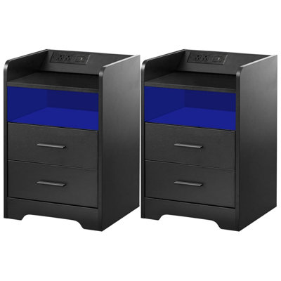 Ensemble de 2 tables de chevet de base avec station de charge et éclairage DEL, 2 tiroirs