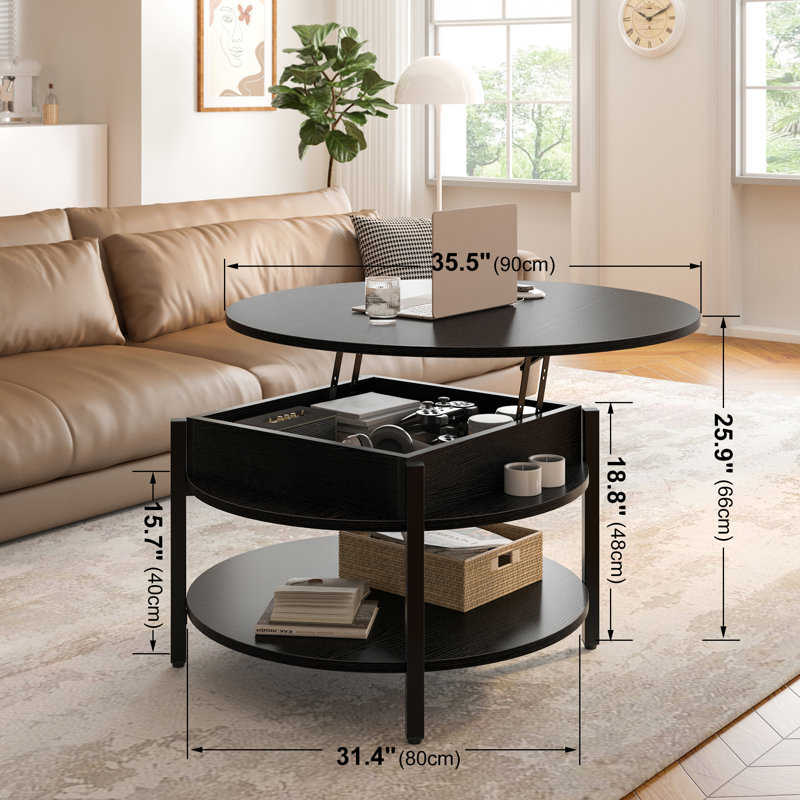 Wynny 36"W Lift Top Coffee Table with Storage, Round Wood Cocktail Table, Black