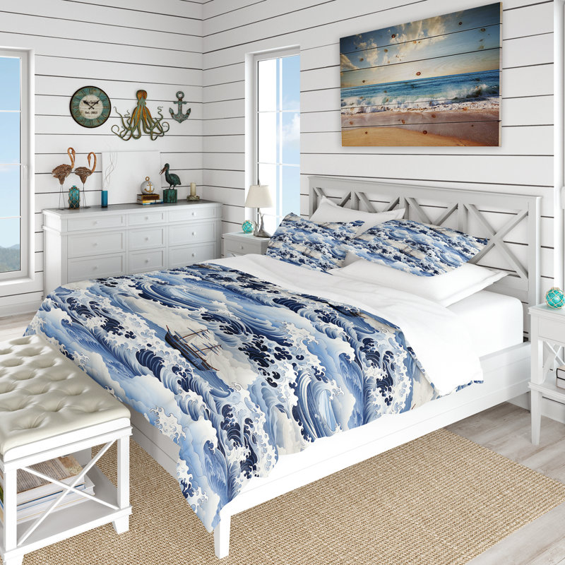 Ensemble de housse de couette bleu et blanc, Housse de couette pour très grand lit et 2 très