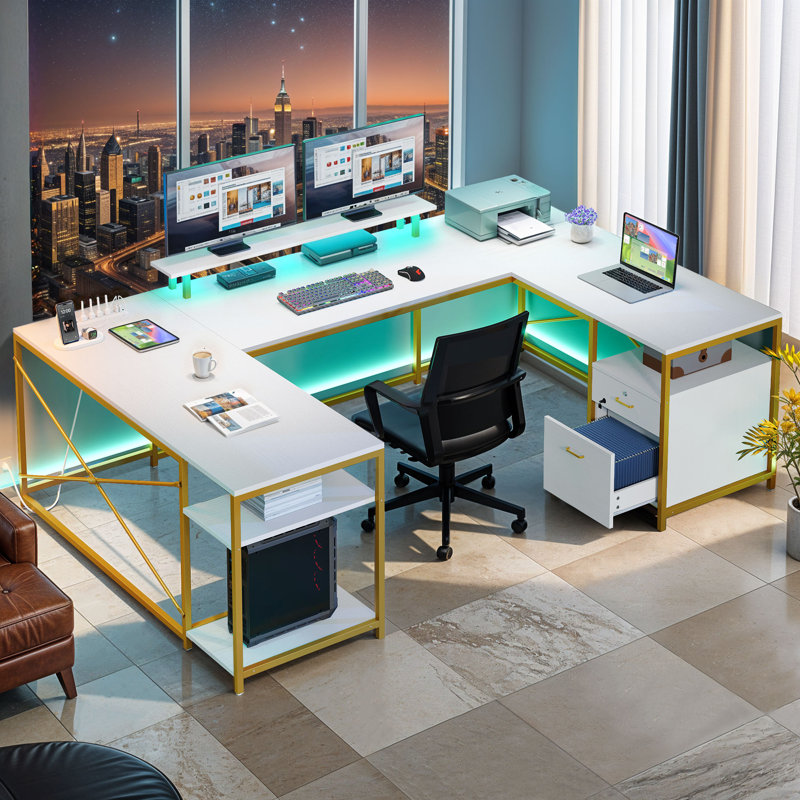 Lannes U-Shaped Metal Base Computer Desk with Power Outlet, White/Gold