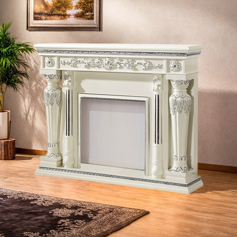 Modern vintage carved fireplace, White, 47.24" H x 59.05" W x 12.59" D