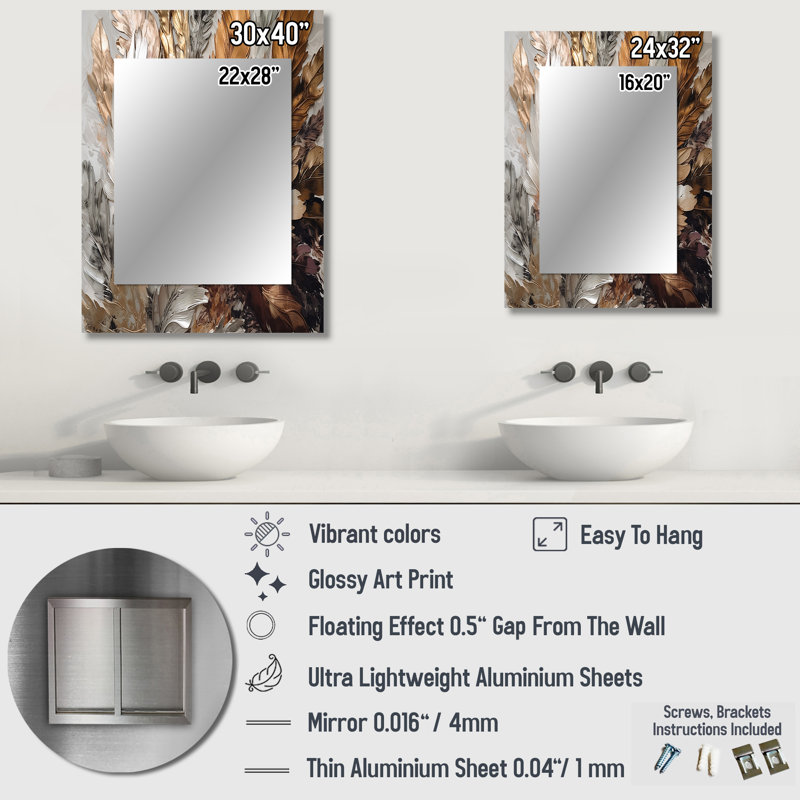 Gold Feather Extravaganza IV - Glam Feather Mirror, Gold Unique Wall Mirror, Printed Metal Art, 32" x 24"