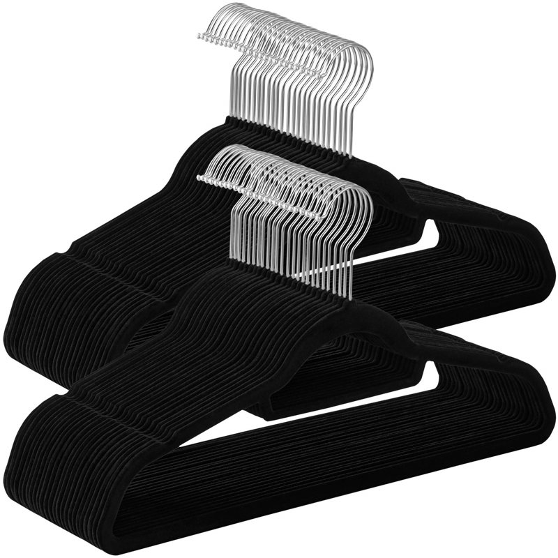 Non-Slip Velvet Hangers, Silver/Black, 50