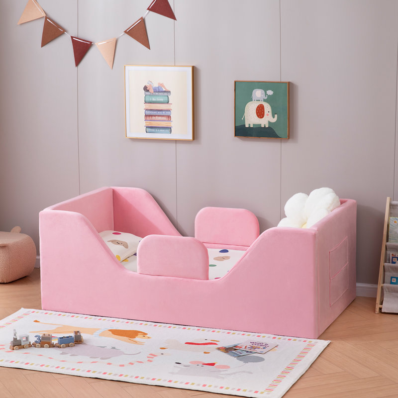 Toddler Floor Bed with Removable Safety Rails and Storage Bag, Kids Bed for Girl and Boys, Standard Crib Size, Safety Upholstered Child Beds, Low to Floor Design