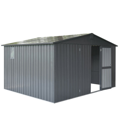 Remise extérieure 11 pi x 9 pi, gris foncé, structure en acier galvanisé, porte verrouillable, rangement suffisant pour les outils et les meubles, structure de remise, équipement de jardin abondant,