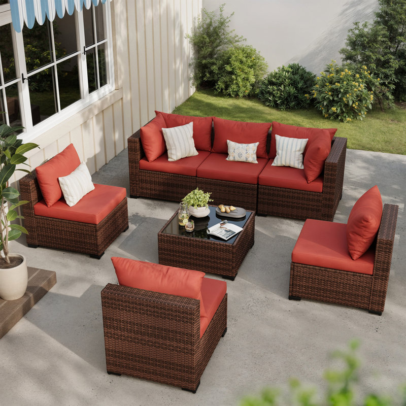 7 Piece Patio Conversation Set With Coffee Table And Cushions, Brown, Red