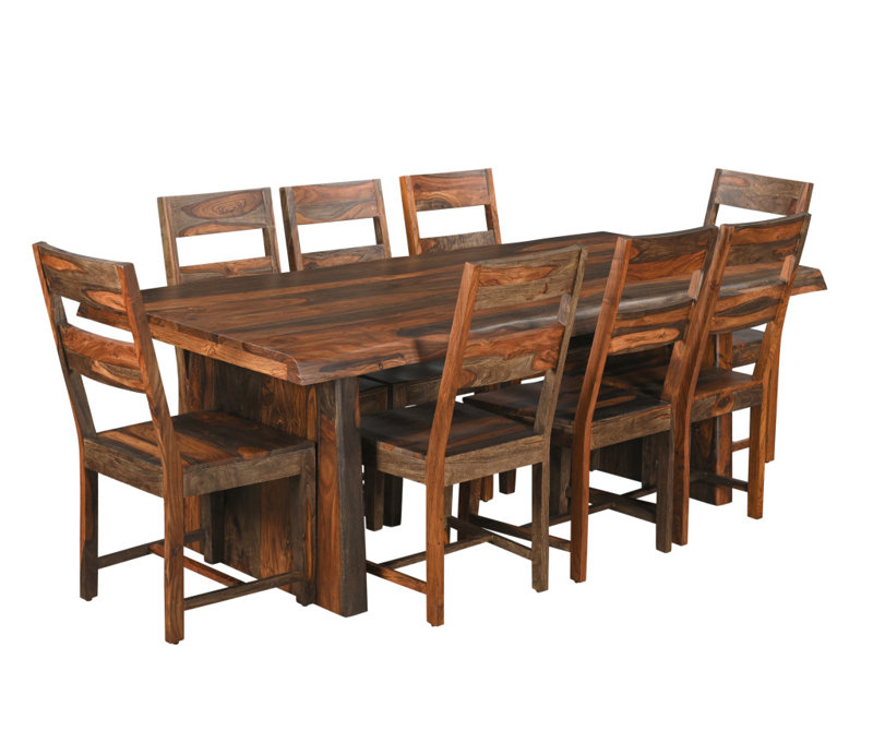 Ensemble de salle à manger neuf pièces en bois massif brun avec huit chaises, Brun, 7 pièces : table, 6 chaises