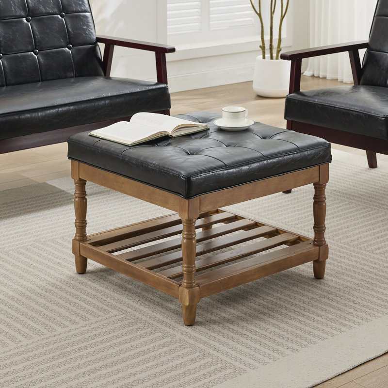 Gladis Faux Leather Coffee Table with Storage, Black Top/Dark Brown Base