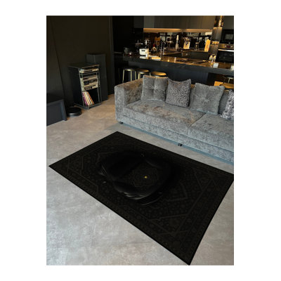 Tapis noir tissé à motif lavable traditionnel Mosso