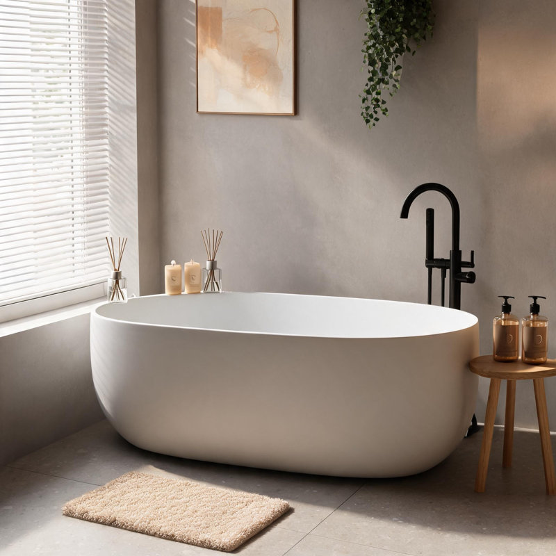 Baignoire autoportante de 47 po en résine solide à surface solide blanc mat avec drain escamotable et tuyaux de trop-plein