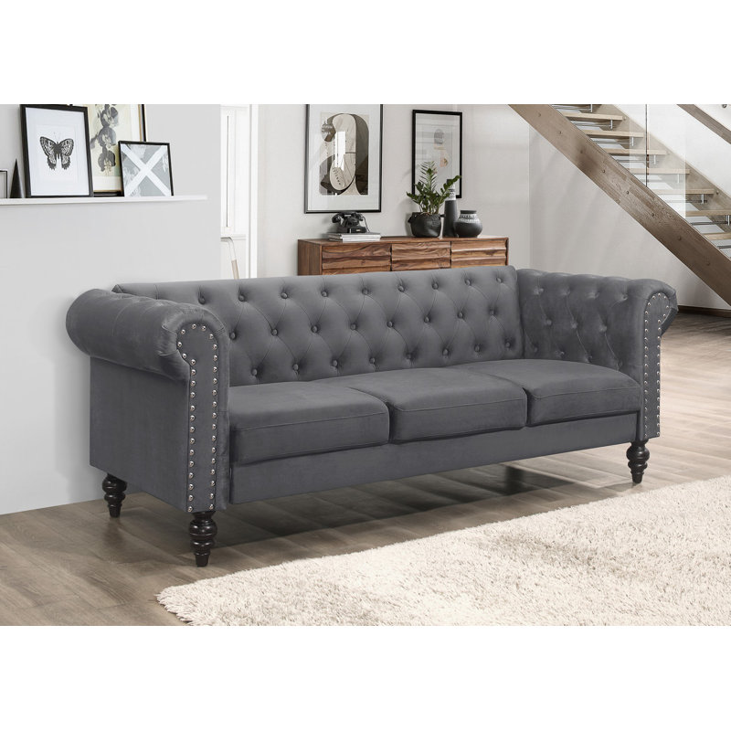 Canapé Chesterfield 84 po Channing, Velours gris, H 30,5 po x l 84 po x P 30,5 po