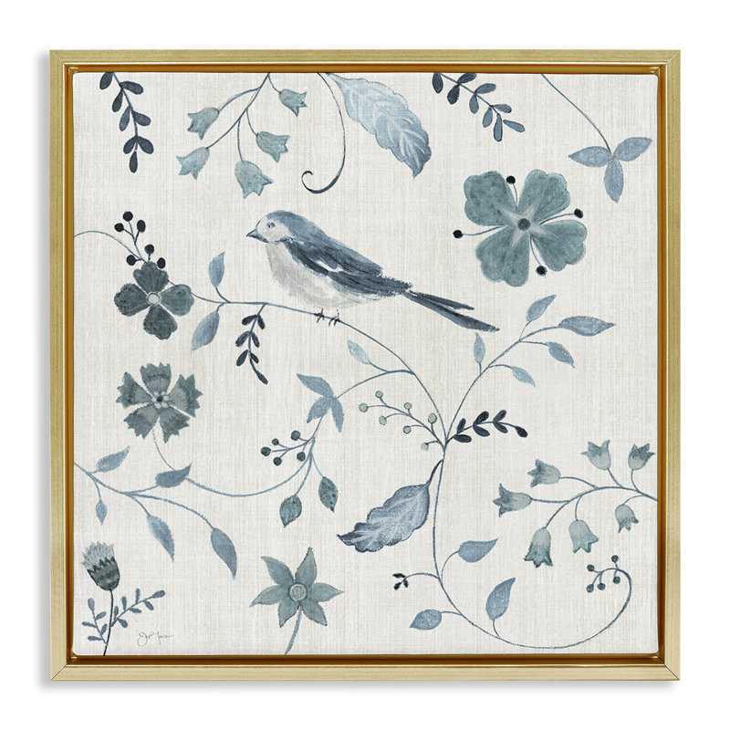 Oiseau avec motifs botaniques, H 18 po x l 18 po, Cadre flottant métallique doré